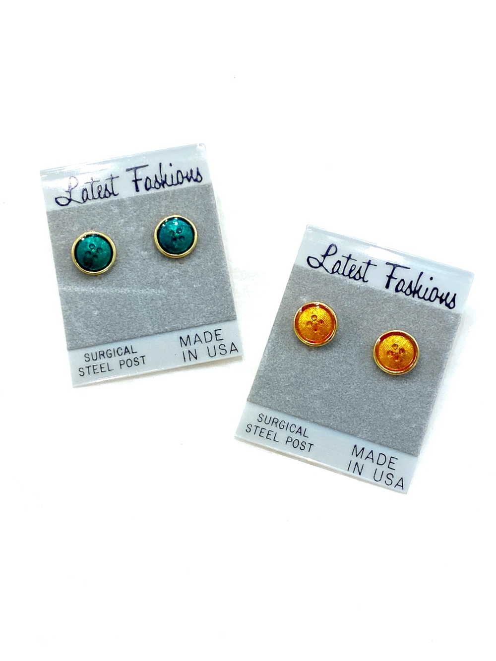 NWT Vintage Glitter Button Stud Earrings Set | Teal Blue Gold Yellow
